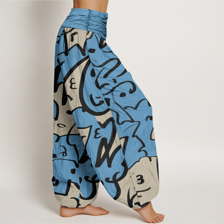 Pantalones harén con cintura elástica para mujer, con estampado de líneas garabateadas divertidas e informales de Buddha Stones - image 7