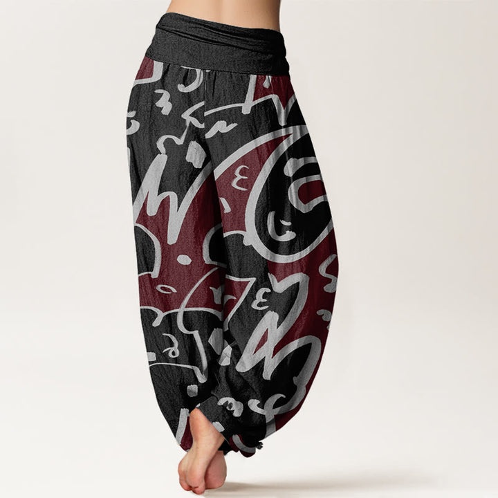 Pantalones harén con cintura elástica para mujer, con estampado de líneas garabateadas divertidas e informales de Buddha Stones - image 9