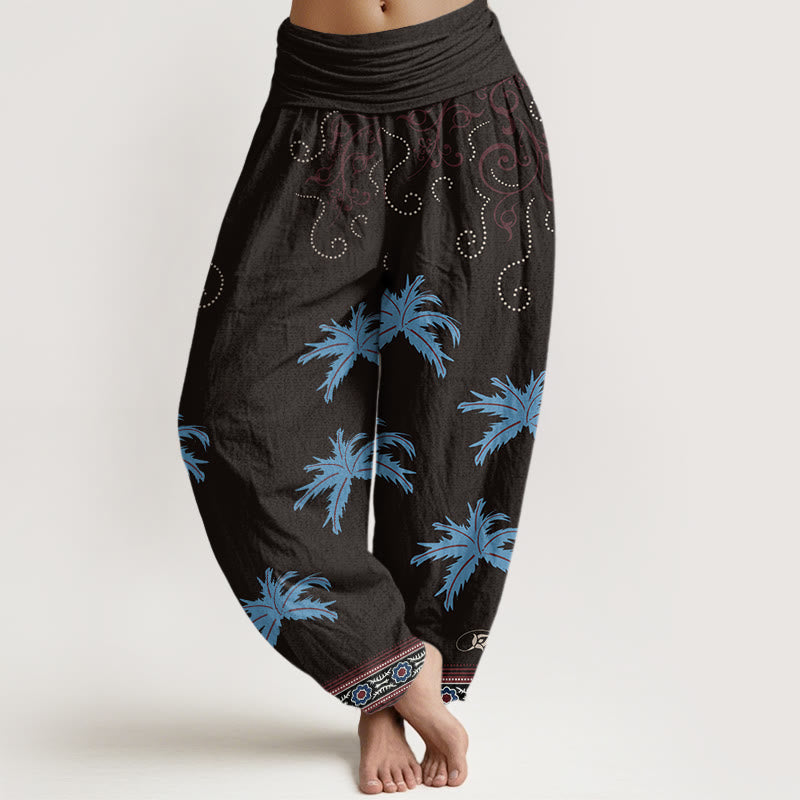 Pantalones harén con cintura elástica para mujer, con estampado floral y palmeras tropicales, estilo casual, Buddha Stones - Negro - US22，UK/AU26，EU54 (6XL) - image 1