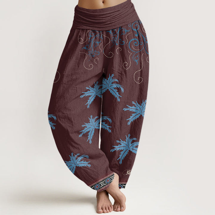 Pantalones harén con cintura elástica para mujer, con estampado floral y palmeras tropicales, estilo casual, Buddha Stones - Rojo oscuro - US22，UK/AU26，EU54 (6XL) - image 5