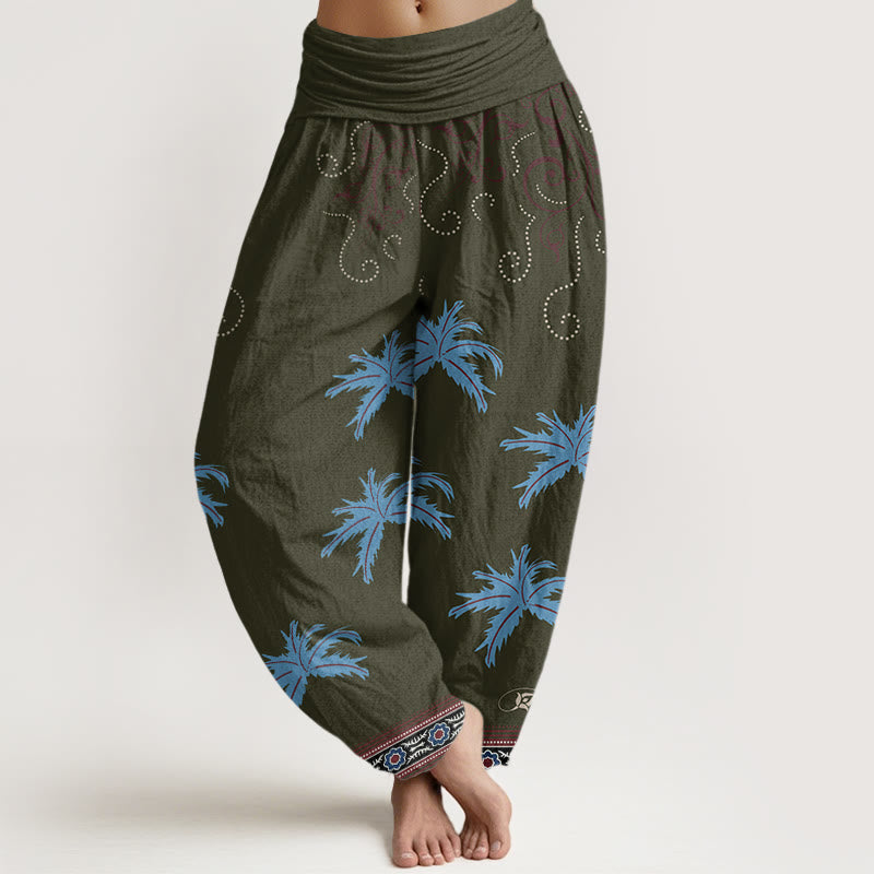 Pantalones harén con cintura elástica para mujer, con estampado floral y palmeras tropicales, estilo casual, Buddha Stones - Verde oliva oscuro - US22，UK/AU26，EU54 (6XL) - image 8