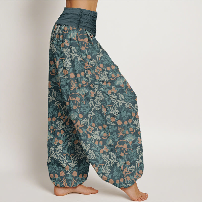 Pantalones bombachos de mujer con cintura elástica, estampado de flores, hojas y enredaderas de algodón con Buddha Stones. - image 1