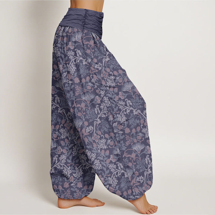 Pantalones bombachos de mujer con cintura elástica, estampado de flores, hojas y enredaderas de algodón con Buddha Stones. - image 8