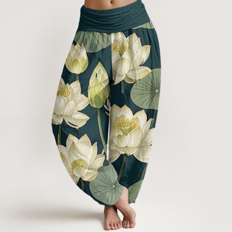 Pantalones harén con cintura elástica para mujer, con estampado de flores de loto y Buddha Stones - Verde oscuro - US22，UK/AU26，EU54 (6XL) - image 1