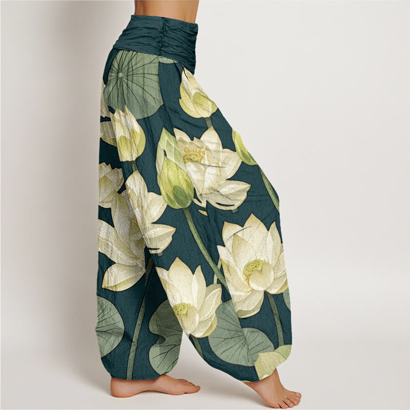Pantalones harén con cintura elástica para mujer, con estampado de flores de loto y Buddha Stones - image 2