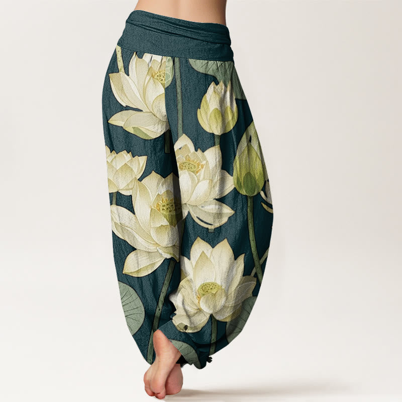 Pantalones harén con cintura elástica para mujer, con estampado de flores de loto y Buddha Stones - image 3