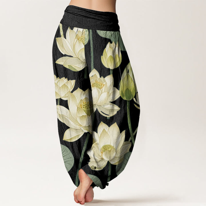 Pantalones harén con cintura elástica para mujer, con estampado de flores de loto y Buddha Stones - image 7
