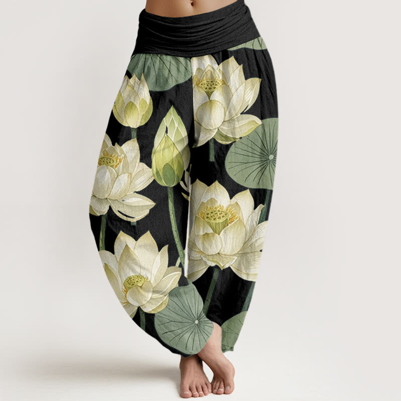 Pantalones harén con cintura elástica para mujer, con estampado de flores de loto y Buddha Stones - Negro - US22，UK/AU26，EU54 (6XL) - image 5
