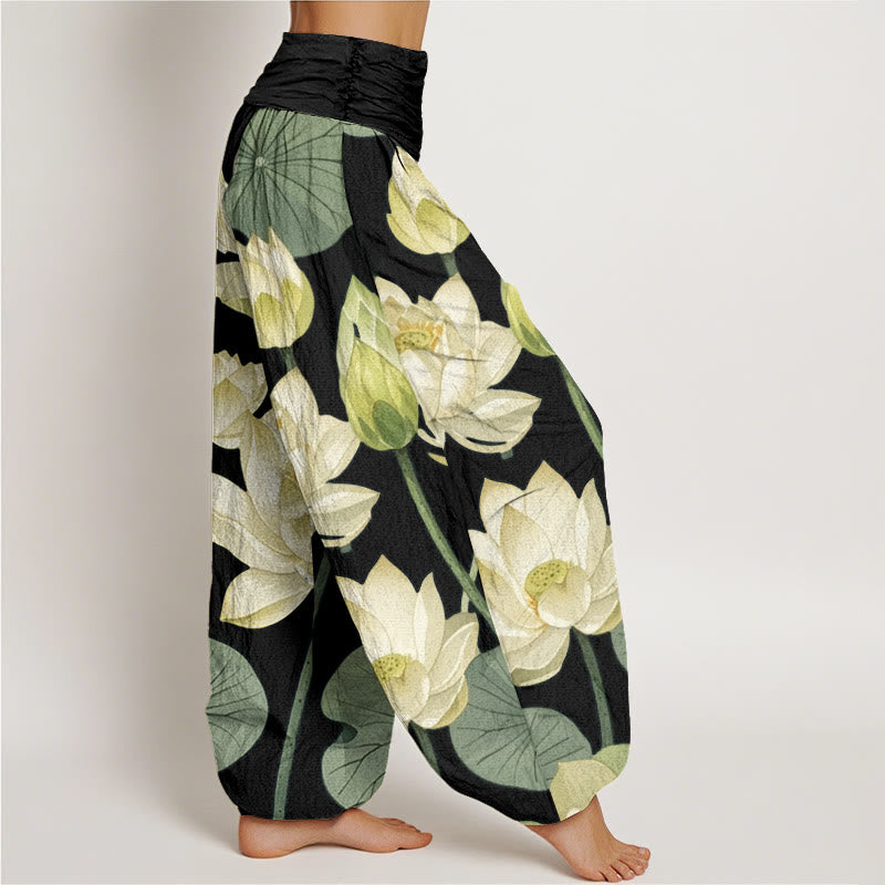 Pantalones harén con cintura elástica para mujer, con estampado de flores de loto y Buddha Stones - image 6