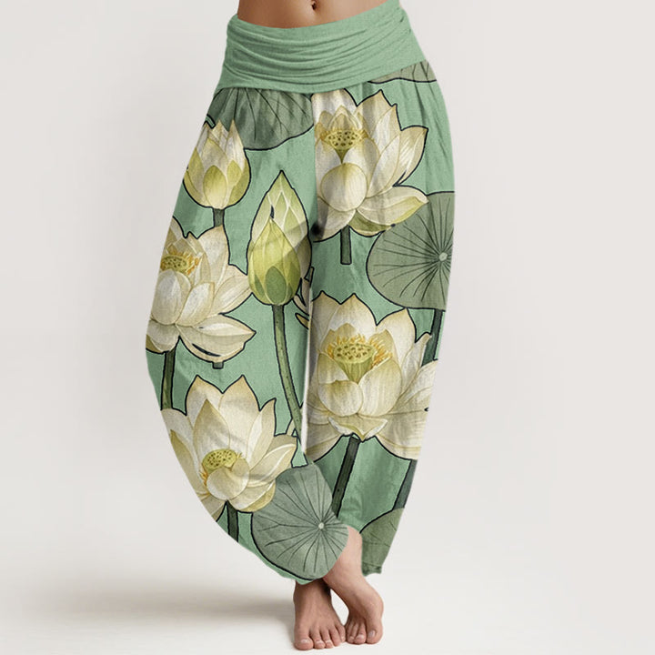 Pantalones harén con cintura elástica para mujer, con estampado de flores de loto y Buddha Stones - Verde claro - US22，UK/AU26，EU54 (6XL) - image 8