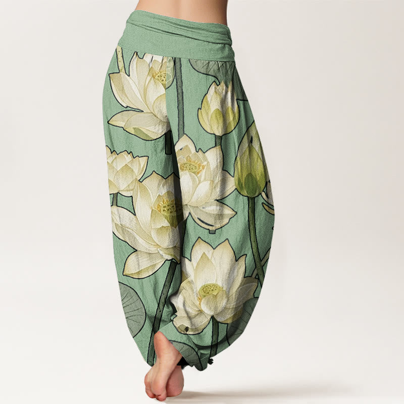 Pantalones harén con cintura elástica para mujer, con estampado de flores de loto y Buddha Stones - image 10