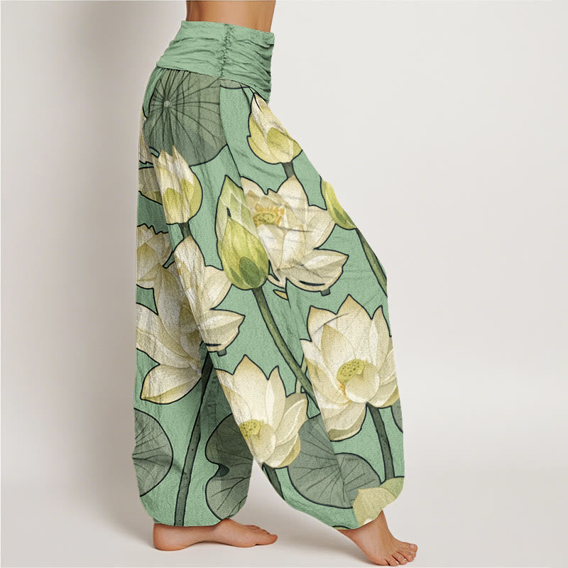 Pantalones harén con cintura elástica para mujer, con estampado de flores de loto y Buddha Stones - image 9