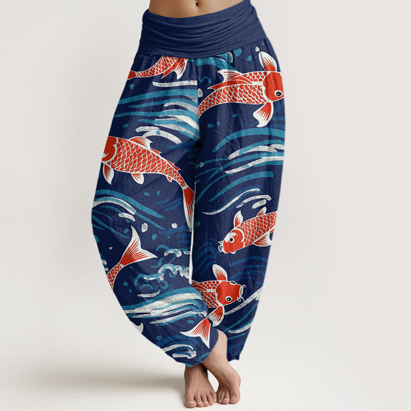 Pantalones harén con cintura elástica para mujer, con estampado de peces koi y ondas de Buddha Stones - Marina de guerra - US22，UK/AU26，EU54 (6XL) - image 1