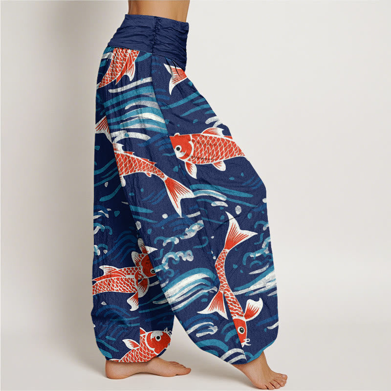 Pantalones harén con cintura elástica para mujer, con estampado de peces koi y ondas de Buddha Stones - image 2
