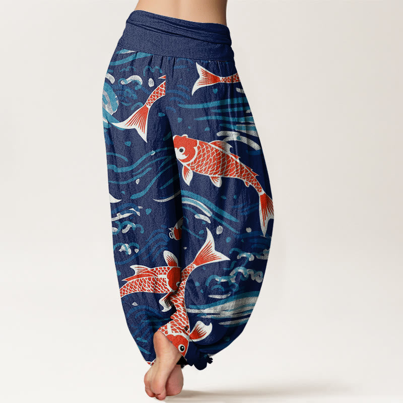Pantalones harén con cintura elástica para mujer, con estampado de peces koi y ondas de Buddha Stones - image 3