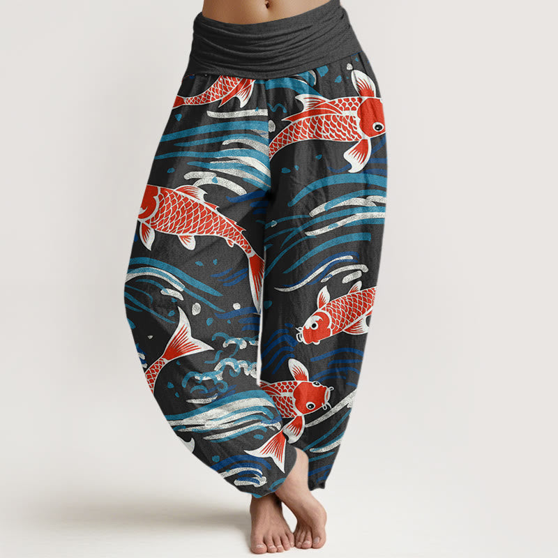 Pantalones harén con cintura elástica para mujer, con estampado de peces koi y ondas de Buddha Stones - Negro - US22，UK/AU26，EU54 (6XL) - image 5