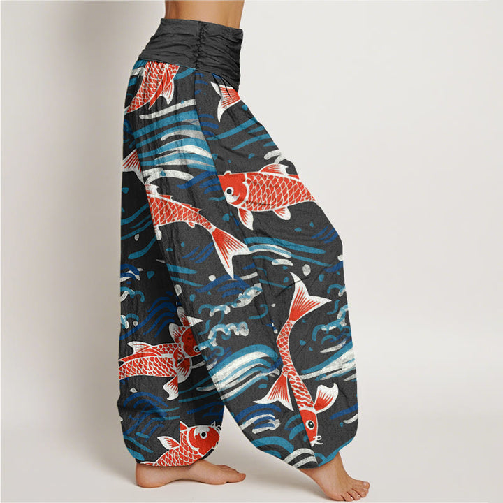 Pantalones harén con cintura elástica para mujer, con estampado de peces koi y ondas de Buddha Stones - image 6