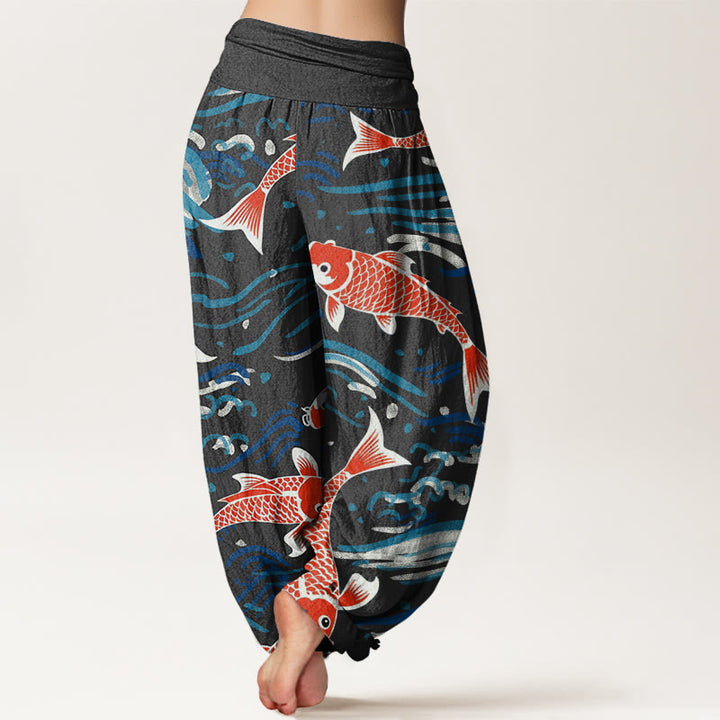 Pantalones harén con cintura elástica para mujer, con estampado de peces koi y ondas de Buddha Stones - image 7