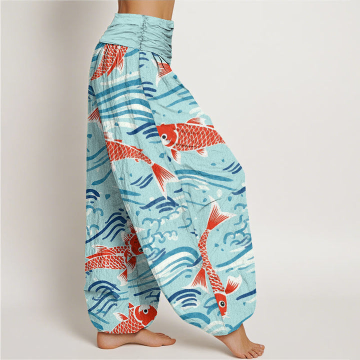 Pantalones harén con cintura elástica para mujer, con estampado de peces koi y ondas de Buddha Stones - image 9