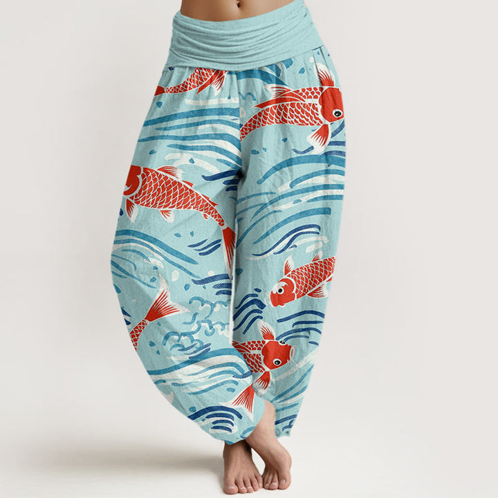 Pantalones harén con cintura elástica para mujer, con estampado de peces koi y ondas de Buddha Stones - Turquesa - US22，UK/AU26，EU54 (6XL) - image 8
