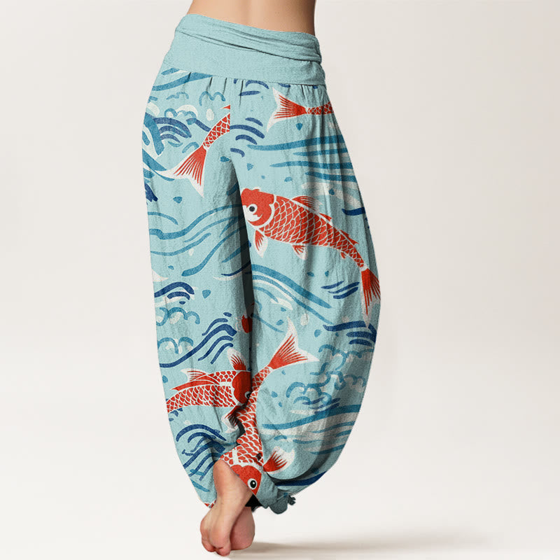 Pantalones harén con cintura elástica para mujer, con estampado de peces koi y ondas de Buddha Stones - image 10