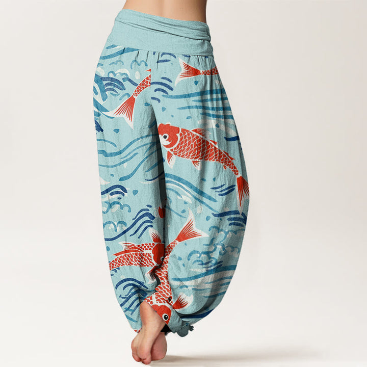 Pantalones harén con cintura elástica para mujer, con estampado de peces koi y ondas de Buddha Stones - image 10