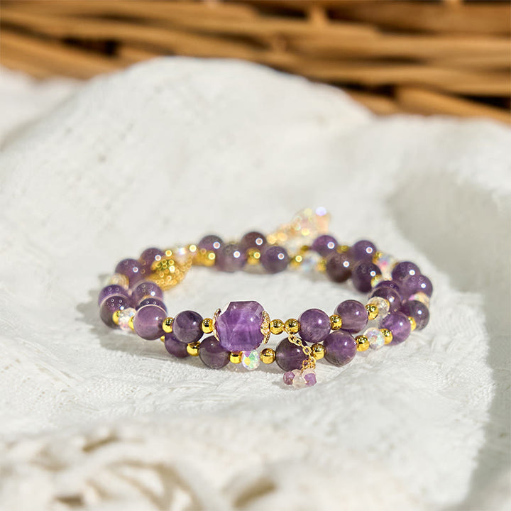 Pulsera de doble vuelta con cuentas cuadradas de amatista natural y Buddha Stones para meditación y sanación