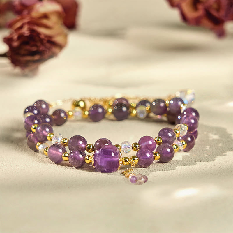 Pulsera de doble vuelta con cuentas cuadradas de amatista natural y Buddha Stones para meditación y sanación