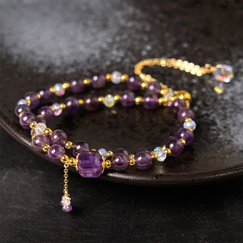Pulsera de doble vuelta con cuentas cuadradas de amatista natural y Buddha Stones para meditación y sanación