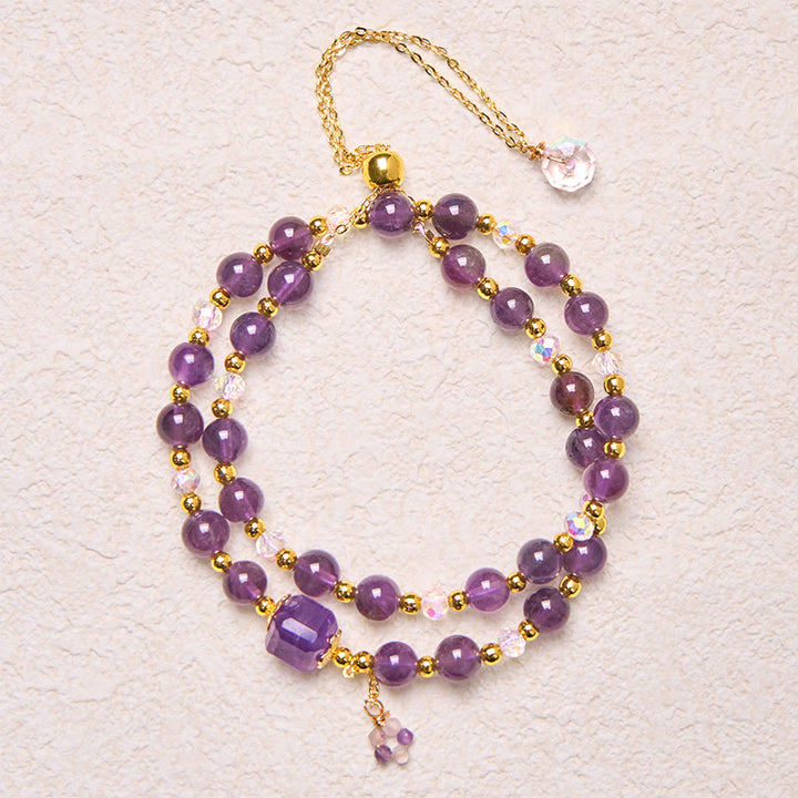 Pulsera de doble vuelta con cuentas cuadradas de amatista natural y Buddha Stones para meditación y sanación