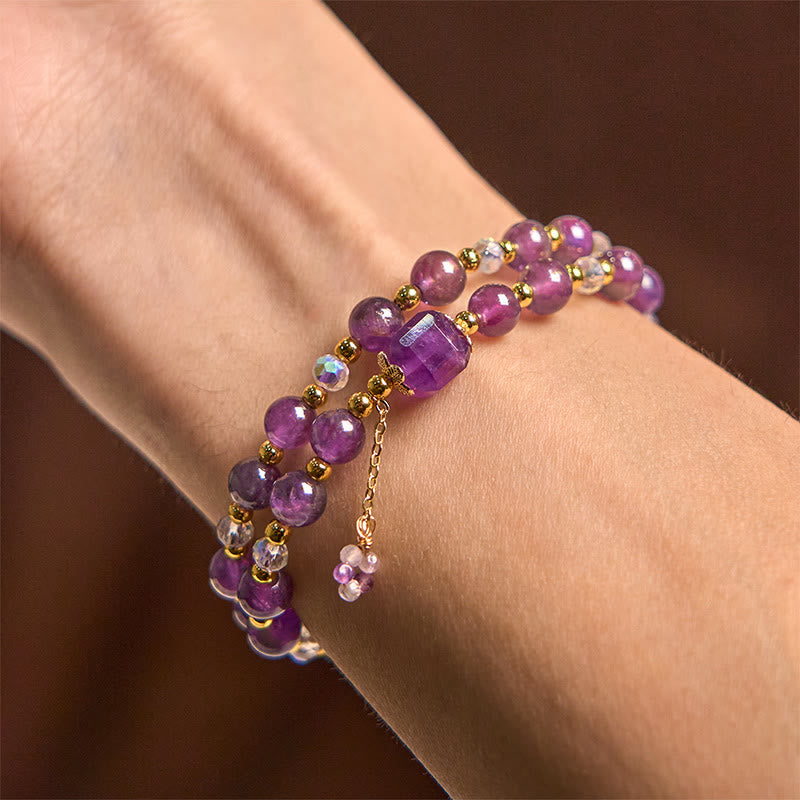 Pulsera de doble vuelta con cuentas cuadradas de amatista natural y Buddha Stones para meditación y sanación