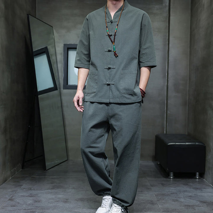 Conjunto de 2 Buddha Stones de traje Tang con diseño de rana y botones, camisa y pantalones con bolsillos, de algodón y lino, para meditación de hombre. - Cadete Azul - US/UK/AU46, EU56 (5XL) - image 0