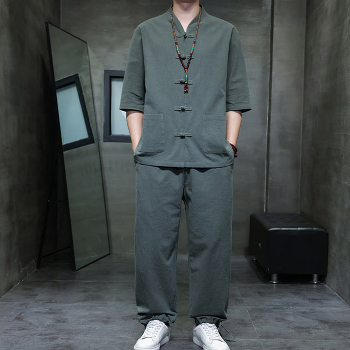 Conjunto de 2 Buddha Stones de traje Tang con diseño de rana y botones, camisa y pantalones con bolsillos, de algodón y lino, para meditación de hombre. - image 5