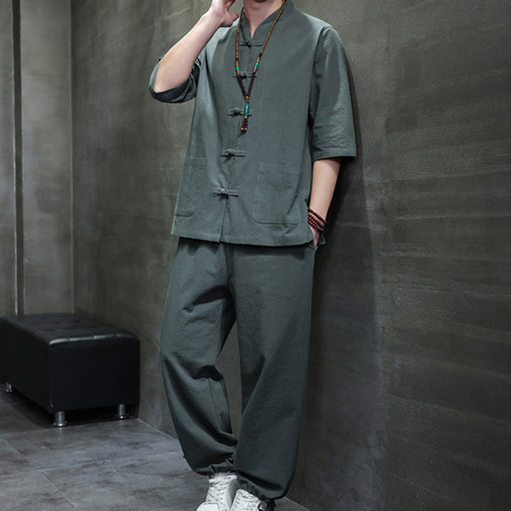 Conjunto de 2 Buddha Stones de traje Tang con diseño de rana y botones, camisa y pantalones con bolsillos, de algodón y lino, para meditación de hombre. - image 1