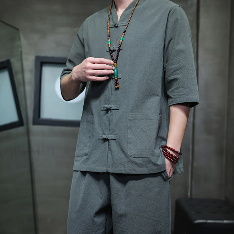 Conjunto de 2 Buddha Stones de traje Tang con diseño de rana y botones, camisa y pantalones con bolsillos, de algodón y lino, para meditación de hombre. - image 8