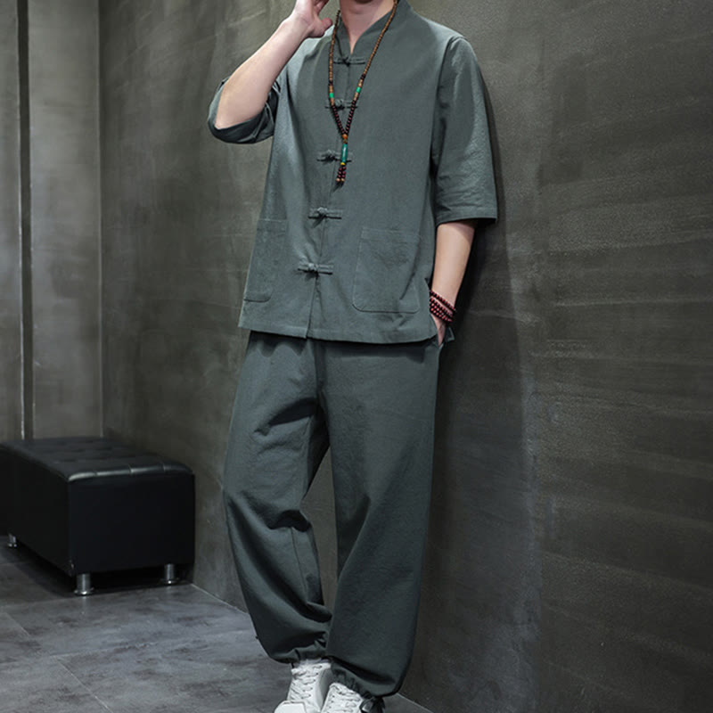Conjunto de ropa de meditación para hombre con diseño de Buddha Stones, 2 piezas, camisa y pantalón con botones de rana y bolsillos. - image 1