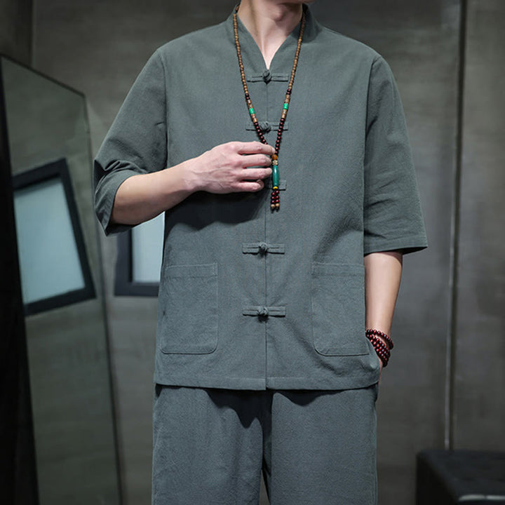 Conjunto de 2 Buddha Stones de traje Tang con diseño de rana y botones, camisa y pantalones con bolsillos, de algodón y lino, para meditación de hombre. - image 7