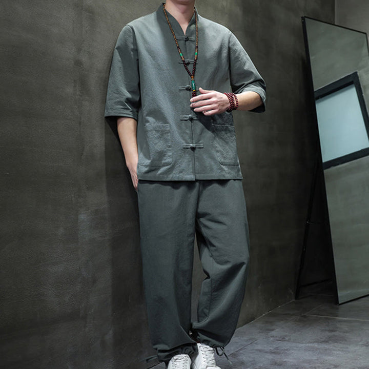 Conjunto de 2 Buddha Stones de traje Tang con diseño de rana y botones, camisa y pantalones con bolsillos, de algodón y lino, para meditación de hombre. - image 3