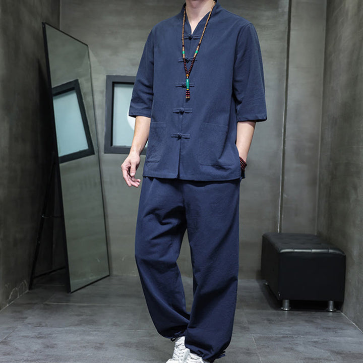 Conjunto de 2 Buddha Stones de traje Tang con diseño de rana y botones, camisa y pantalones con bolsillos, de algodón y lino, para meditación de hombre. - Azul acero - US/UK/AU46, EU56 (5XL) - image 13