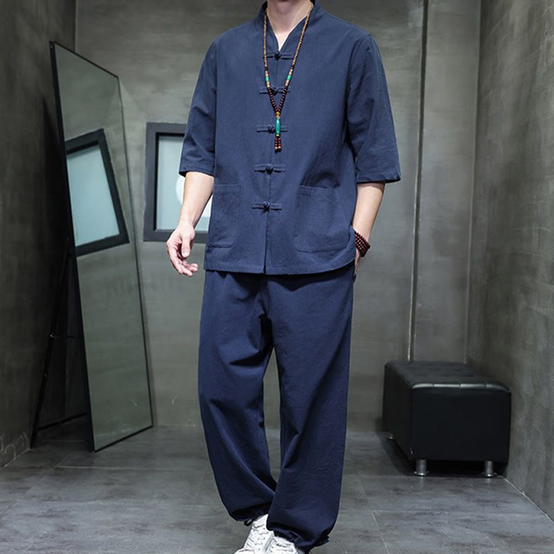 Conjunto de 2 Buddha Stones de traje Tang con diseño de rana y botones, camisa y pantalones con bolsillos, de algodón y lino, para meditación de hombre. - image 16