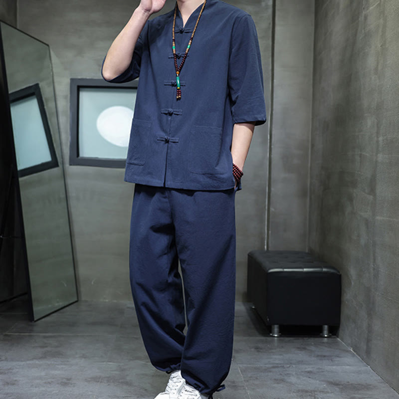 Conjunto de 2 Buddha Stones de traje Tang con diseño de rana y botones, camisa y pantalones con bolsillos, de algodón y lino, para meditación de hombre. - image 17