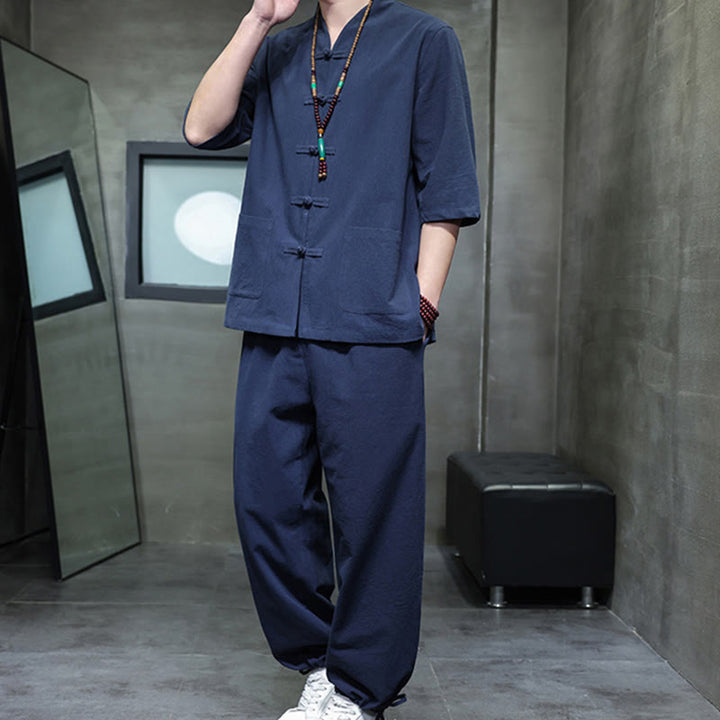 Conjunto de 2 Buddha Stones de traje Tang con diseño de rana y botones, camisa y pantalones con bolsillos, de algodón y lino, para meditación de hombre. - image 17