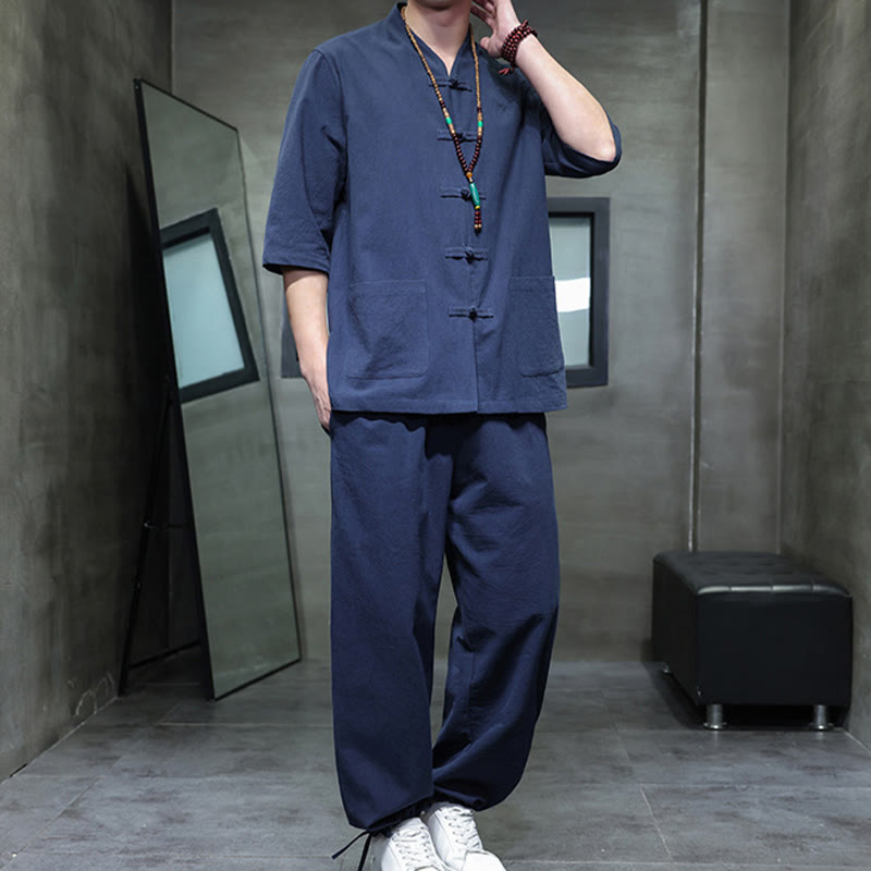 Conjunto de 2 Buddha Stones de traje Tang con diseño de rana y botones, camisa y pantalones con bolsillos, de algodón y lino, para meditación de hombre. - image 19