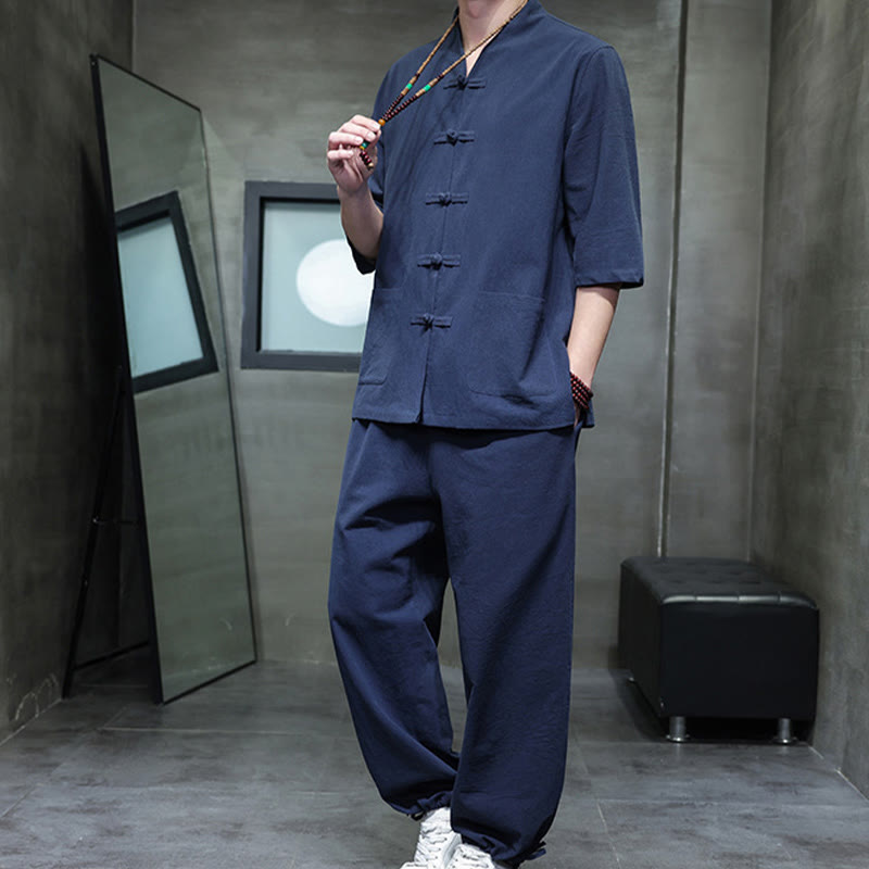 Conjunto de 2 Buddha Stones de traje Tang con diseño de rana y botones, camisa y pantalones con bolsillos, de algodón y lino, para meditación de hombre. - image 18