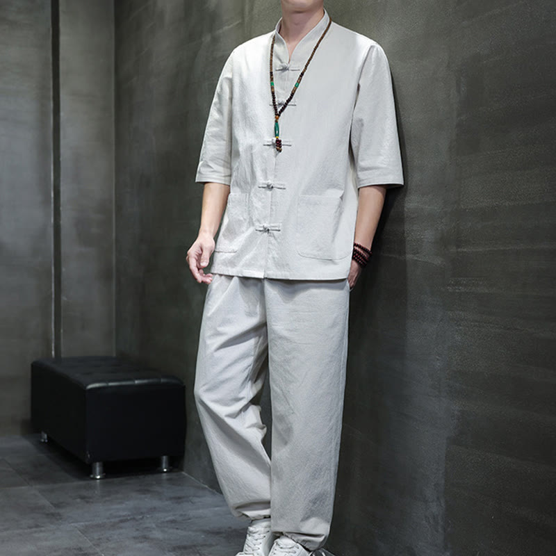 Conjunto de 2 Buddha Stones de traje Tang con diseño de rana y botones, camisa y pantalones con bolsillos, de algodón y lino, para meditación de hombre. - Nieve - US/UK/AU46, EU56 (5XL) - image 21