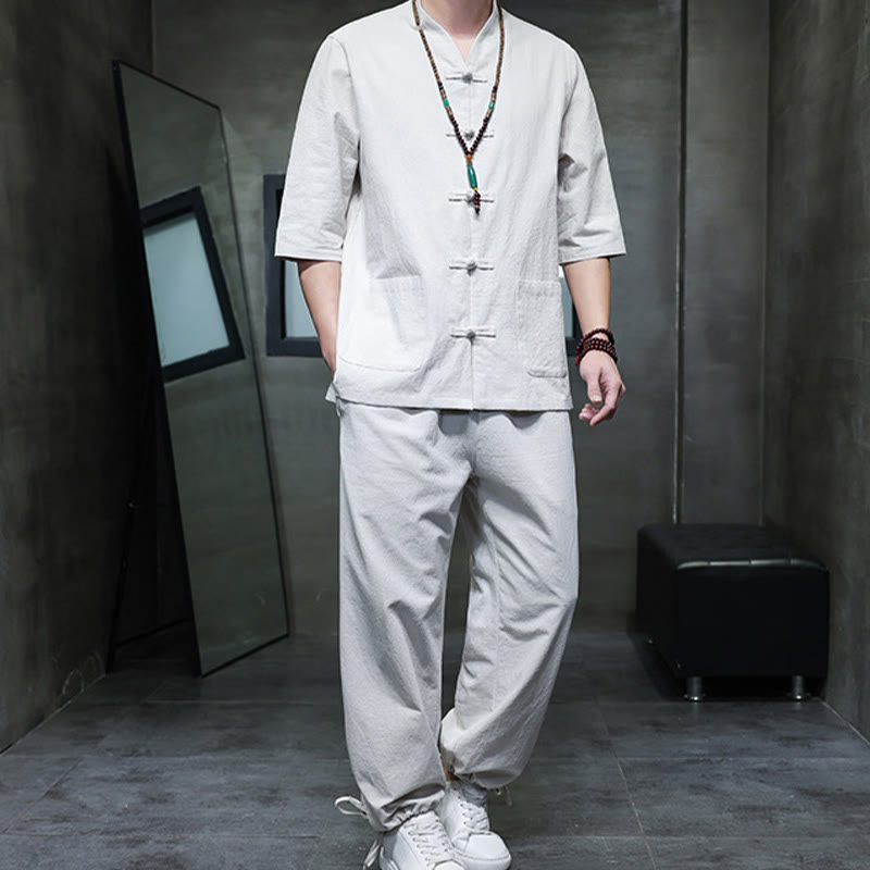 Conjunto de 2 Buddha Stones de traje Tang con diseño de rana y botones, camisa y pantalones con bolsillos, de algodón y lino, para meditación de hombre. - image 24