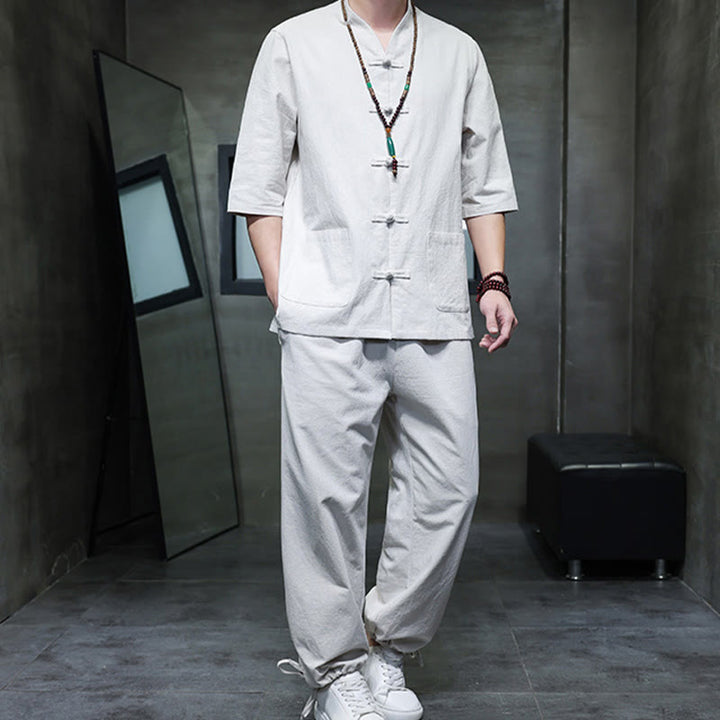 Conjunto de 2 Buddha Stones de traje Tang con diseño de rana y botones, camisa y pantalones con bolsillos, de algodón y lino, para meditación de hombre. - image 24