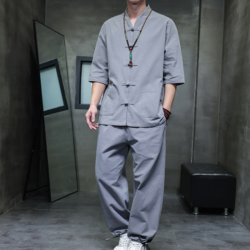 Conjunto de 2 Buddha Stones de traje Tang con diseño de rana y botones, camisa y pantalones con bolsillos, de algodón y lino, para meditación de hombre. - Gris - US/UK/AU46, EU56 (5XL) - image 29