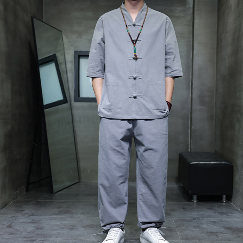 Conjunto de 2 Buddha Stones de traje Tang con diseño de rana y botones, camisa y pantalones con bolsillos, de algodón y lino, para meditación de hombre. - image 30