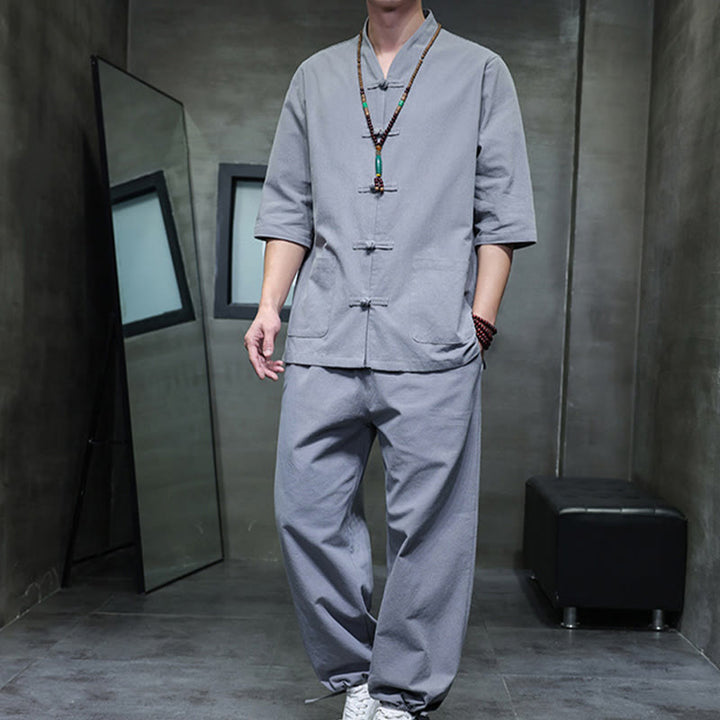 Conjunto de 2 Buddha Stones de traje Tang con diseño de rana y botones, camisa y pantalones con bolsillos, de algodón y lino, para meditación de hombre. - image 32
